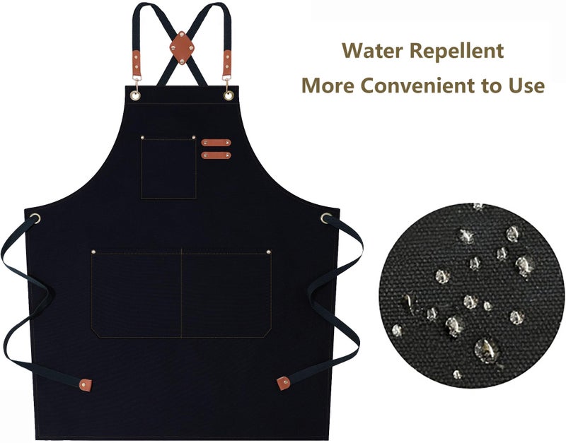 AFUN Chef Aprons for Women Men with Large Pockets  Cotton Canvas Cross Back Water Repellent Work Apron  Size M to XXL (Black) - Image 5